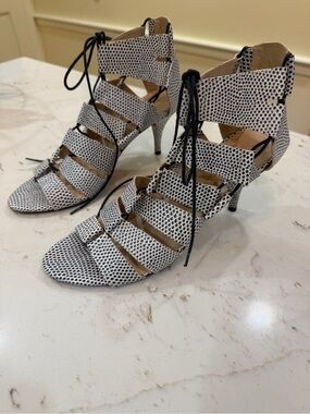 Loeffler Randall Black & White Dot Lace-Up Leather Heels